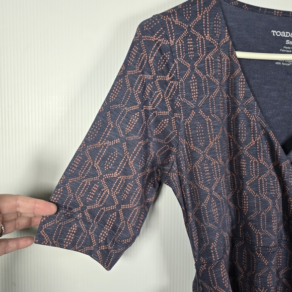 Toad & Co Dress Womens Cue Faux Wrap Cafe Dress Blue Batik Elbow Sleeve Size S - Picture 6 of 13